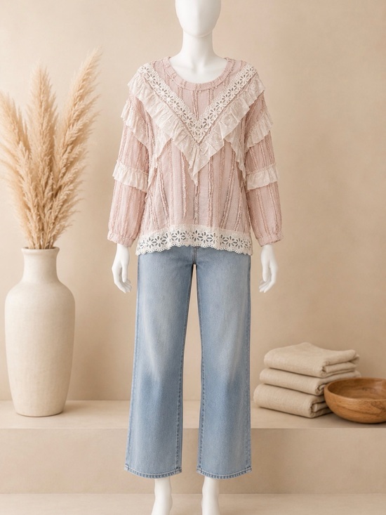 POL Tops - POL NWOT Blush Pink Lace Ruffle Boho Long Sleeve Top